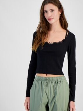 Sugar Moon Juniors' Layered-Look Pointelle Knit Top - Black SIZE M NWT